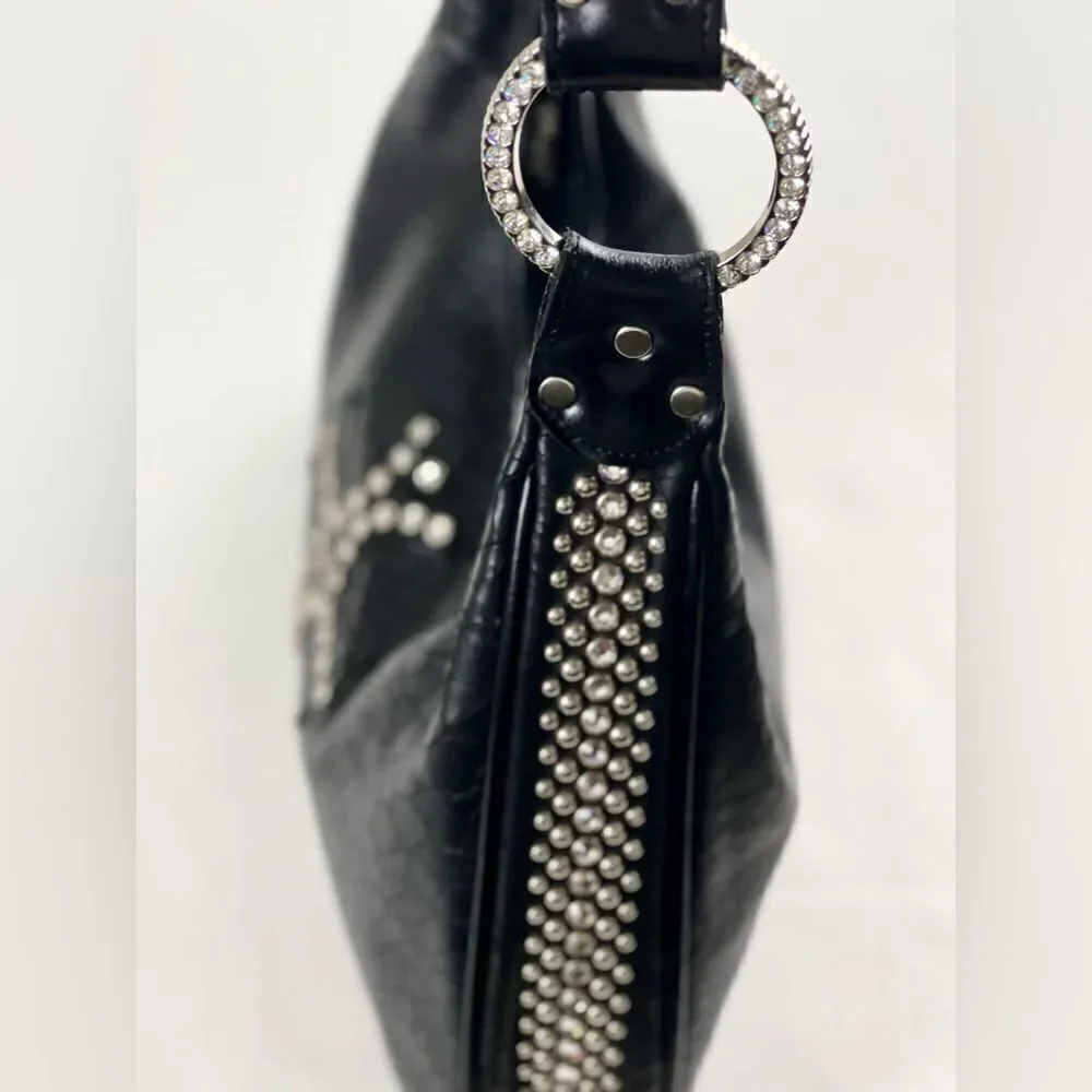 Raviani Black Leather Swarovski Crystal & Rivets Shoulder Bag